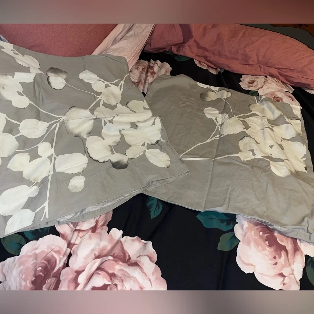 West Elm~ Gorgeous Cream Gray Floral Pillowcases~Cotton~Square 26x26